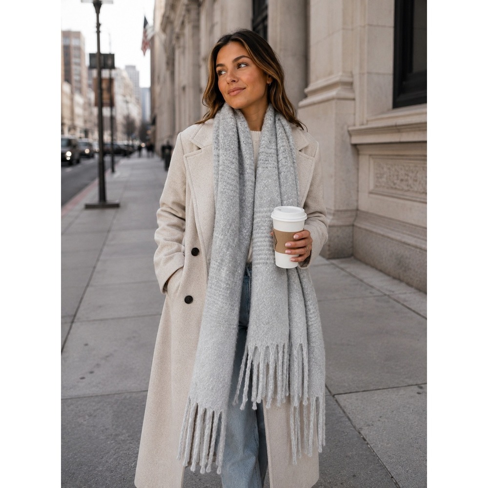 Mer Sea Gray Fuzzy Fringe Blanket Scarf Wrap Cozy Coastal Minimalist Skandi